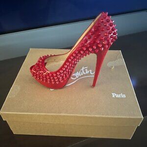 Christian Louboutin spike peep toe platform heels in red